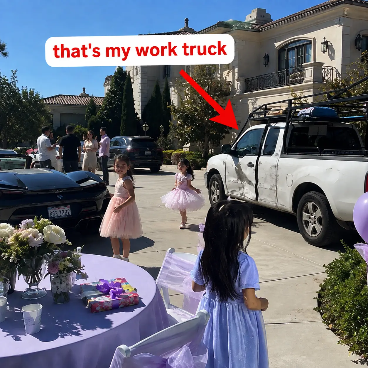A dented white work truck parked among the guests at a mansion birthday party
